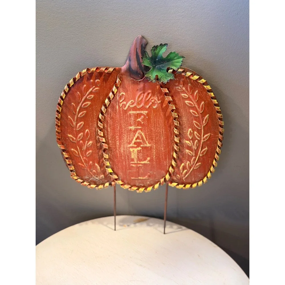 Metal Pumpkin Yard Stake Hello Fall Sunflower Leaf Outdoor Fall Decor - Picture 6 of 7